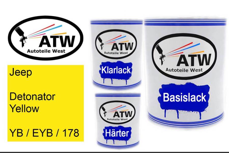 Jeep, Detonator Yellow, YB / EYB / 178: 1L Lackdose + 1L Klarlack + 500ml Härter - Set, von ATW Autoteile West.